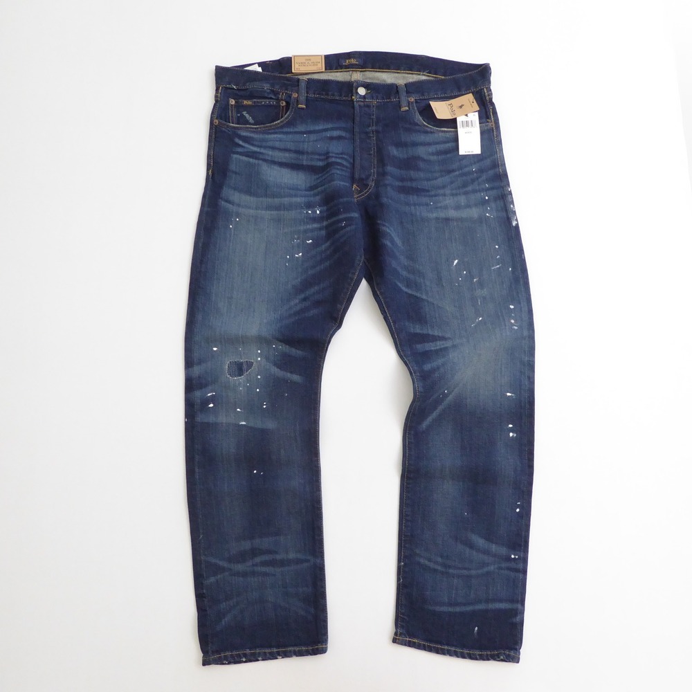 Polo Ralph Lauren Mens Varick Slim Straight Jeans Blue Paint Splatter Rope 40x32